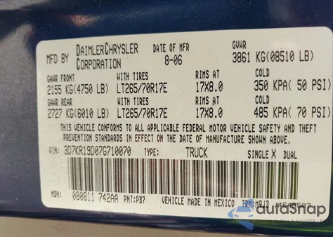 2007 Dodge Ram 1500 Slt z USA, uszkodzony, nr VIN 3D7KR19D07G710070